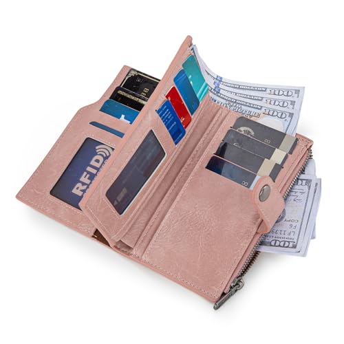 Wrangler Wallet for Women Bifold Card Holder with Zipper and ID Window - color: Leopard Print-Pink