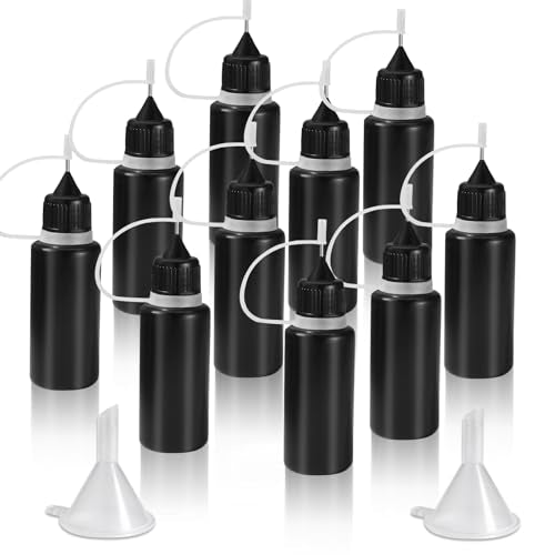 HARSKIYER 15ml Precision Tip Bottles, 10 Pcs Black 2 Funnels | 1mm Metal Tip Draws 0.5mm Fine Lines, Cap Seals Tight To Stop Drying, Flex Body Resists Cracks, For Glue Ink And Paint - size: 15ml