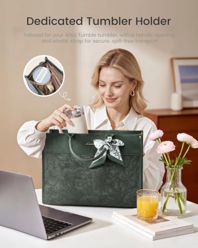 LOVEVOOK Laptop Tote Bag for Women, Vintage Work Bag with Large Cup Holder | Waterproof Business Computer Bag,Teacher Handbag Purse Briefcase,Office Gifts for Women with Silk Scarf - color: Green (Embossed), size: 17.3 Inch