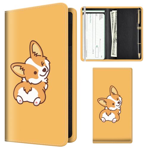 Checkbook Cover for Personal Checkbook, Cute Pu Leather Check Book for Women & Men, Slim Checkbook Holder with Pen Holder and Built-in Clear Plastic Divider, Cute Corgi - color: Cute Corgi