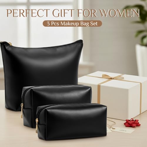 Kigeli 3 Piece Leather Makeup Bag Set Graduation Women Gifts PU Leather Makeup Toiletry Bag Bridesmaid Cosmetic Pouch Small Aesthetic Travel Purse for Wedding Birthday Women Gifts(Black) - color: Black