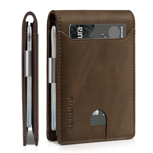 RUNBOX Slim Wallet for Men - RFID Blocking Leather Bifold with Money Clip | Minimalist Front Pocket Wallet Holds 11 Cards,Slim Thin Design,RFID Blocking Protection, Practical Birthday Gifts for Men - color: Bicolor Crazy Horse Coffee