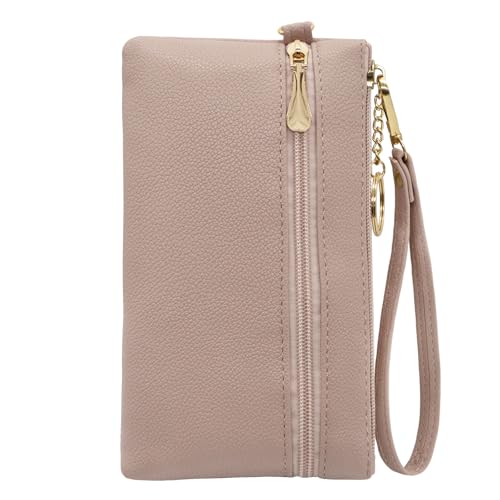 LJCZKA Leather Wristlet Wallet for Women Men Large Capacity Clutch Handbags Purses Long Cellphone Credit Card Holder Pocket Bag with Wrist Strap, Keychain (Nude) - color: Nude