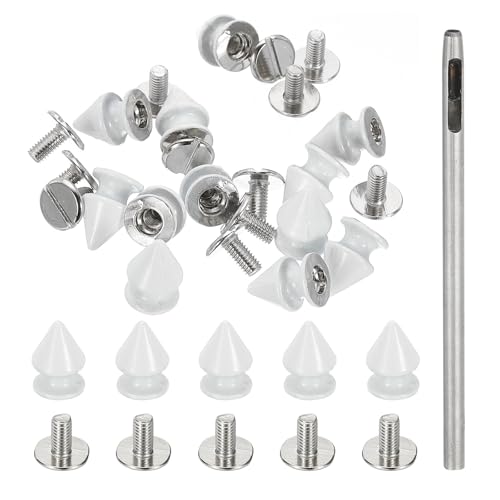 PATIKIL 12mm Studs for Clothing, 24 Sets Spikes for Clothes Studs and Spikes Leather Rivets Metal Cone Punk Spikes Screw Posts with Hole Puncher for Leather Jacket Fabric, White - color: White
