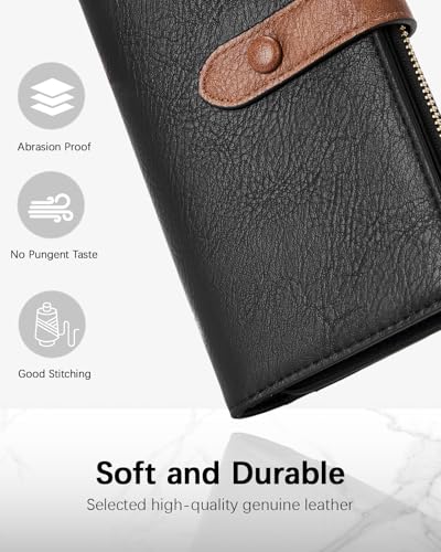 BOSTANTEN Womens Leather Wallet RFID Large Capacity Credit Card Holder | 4 ID Windows, 16 Card Slots, Zipper Coin Pocket, Clutch Wallet, Long Bifold, Ladies Gifts, Black＆Brown - color: B-Black＆Brown-oil wax