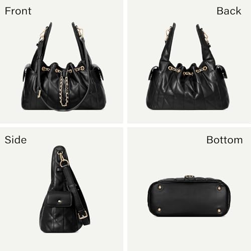 CLUCI Quilted Leather Handbag, Soft Tote Bags for Women with Adjustable Strap, Crumpled Shoulder Purse Tabby Slouchy Hobo Bag - color: Black