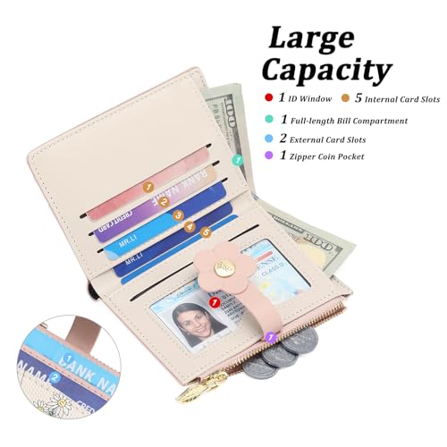 GAEKEAO Small Wallets for Women RFID Blocking Bifold Floral Vegan Leather Wallet Card Holder with ID Window & Zipper Pocket - color: C04-Pink