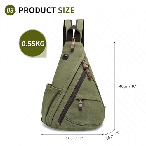 Canvas Sling Bag with Leather Zipper 3-in-1 Crossbody Backpack | Vintage Canvas Sling Bag for Women Men Convertible Cross Body Bag Multiple Zipper Pockets for Travel Daily Use - color: Green