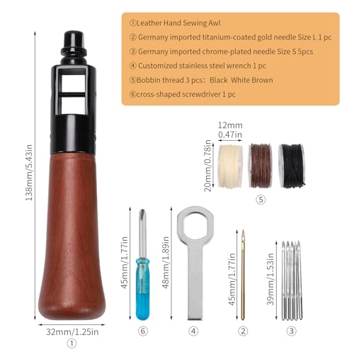 WUTA Repair Stitch Kit Leathercraft Stitch Awl Tool with 25 Colors 0.65mm Wax Thread, for Leather, Belt, Canvas, Fabric, Bag Repair Professional Stitcher Leather Craft Tool - style: Set D (Stitch Awl Kit+25 Colors 0.65mm Wax Thread)