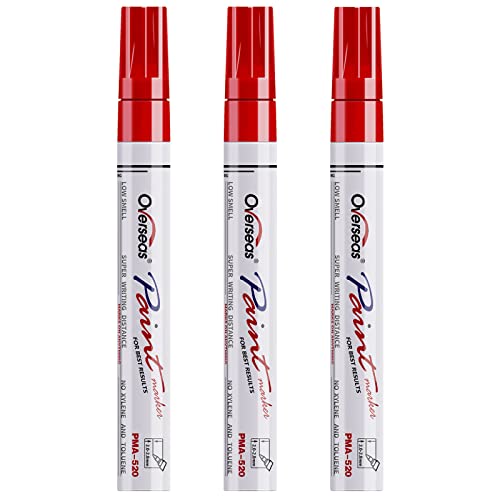 Overseas Red Paint Pens Permanent Markers, 3 Oil Based Paint Makrers | Medium Tip, Waterproof, Quick Dry, Fade Resistant, Bright Colors Marker Pen for Rubber, Metal, Wood, Plastic, Rock, Canvas - color: Red