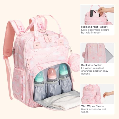 BabbleRoo Diaper Bag Backpack - Baby Essentials Travel Tote - Multi Function Water Resistant Diaper Bag, Travel Essentials Baby Bag with Changing Pad, Stroller Straps & Pacifier Case - Pink Birdy - color: Pink Birdy, size: Large