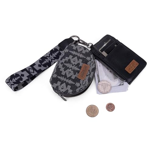 Wrangler Aztec Keychain Wristlet Wallets for Women Western Dual Pouch Wristlet Credit Card Holder Wallet with Zipper Pocket WG2212-W0051BK - color: Retro Black