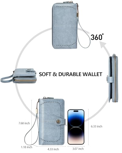 TFKGS Wallet for Women RFID Blocking Leather Large Capacity Card Holder Ladies Phone Clutch Travel Long Purse Wristlet | RFID Blocking - color: 2-Upgrade-Wax-Blue