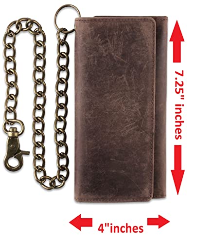 F&L CLASSIC RFID Blocking Mens Tri-fold Long Style Cowhide Leather Steel Chain Wallet,Antique dark brown - color: Antique Brown