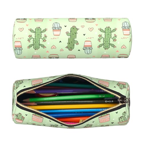 OSAM SPACE Leather Pencil Case Round Pencil Bag Cactus Heart Pen Organizer Holder Portable Zipper Pouch Cute School Supplies for Girls Boys Study Office - color: Cactus Heart