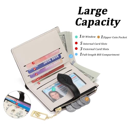 GAEKEAO Small Wallets for Women RFID Blocking Bifold Floral Vegan Leather Wallet Card Holder with Zipper Pocket ID Window - color: A04-Black