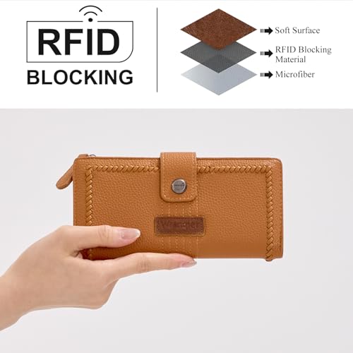 Montana West X Wrangler Womens Wallet Large Capacity Long Compact | Brown Bifold Card Cases & Money Organizers Compact Ladies Female Minimalist Wallet with ID Window and Zipper Pocket - color: Bifold-Brown