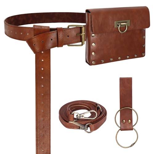 Renaissance Belt Pouch Medieval Pirate Costume Accessories Set for Cosplay | Viking Faux Leather Waist Bag, Skirt Hike Clips, Perfect for Women and Men Ren Faire, LARP, Fantasy, Halloween - color: Brown-J