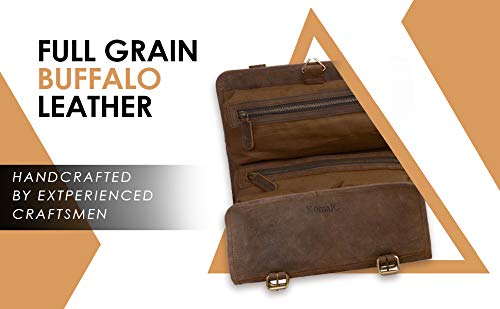 KomalC Premium Buffalo Leather Hanging Toiletry Bag Travel Dopp Kit - color: Distressed Tan