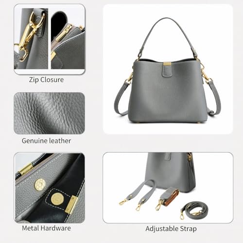 Leather Bucket Bag for Women, Soft Crossbody Top-handle Purse | Small Tote Handbag with 3 Style Detachable Straps, Spacious Daily Handbag for Work Outing Daily Use - color: Gray-a
