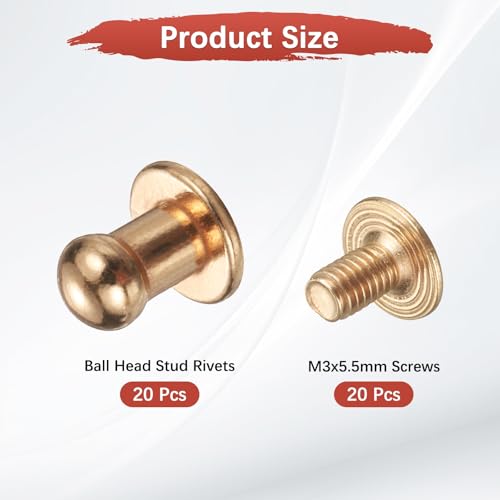 TIXIPEM 5mm Ball Head Stud Rivets Screw Back [20Pcs] - Metal Round Head Button Nipple Rivet Use for Bag & Belt & Handbag & Leather Craft & DIY Decoration - [Gold] - color: Gold, size: 5mm