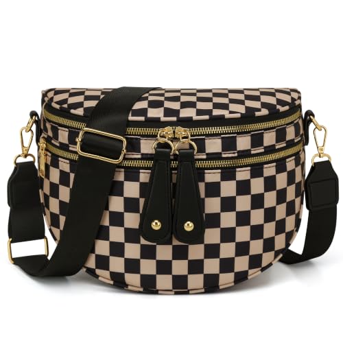 KKXIU Crossbody Bags for Women Nylon Travel Fanny Packs | Large Bum Bag | Spacious Trendy Shoulder Purse - color: Large-khaki Checkered