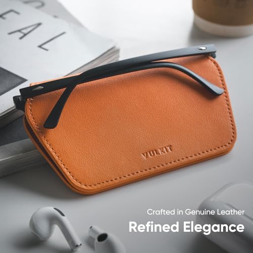 VULKIT Leather Glasses Case, Ultra Slim Sunglasses Case, Two Fixed Modes, Fits Most Eyeglasses & Sun Glasses - color: Tangerine Twist