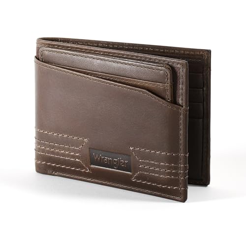 Wrangler Removable Passcase Wallet for Men, Bifold Tumbled Leather Wallet with RFID, Brown - color: Brown