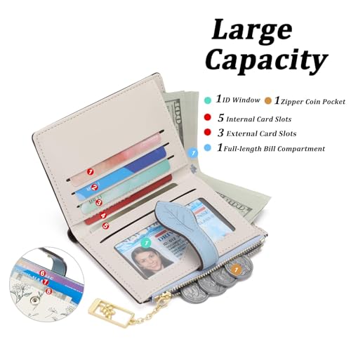 GAEKEAO Small Wallets for Women RFID Blocking Bifold Floral Vegan Leather Wallet Card Holder with Zipper Pocket ID Window - color: A05-Blue