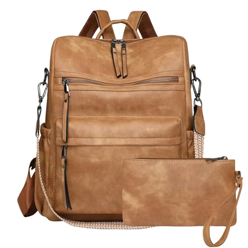 Womens Leather Backpack Purse, Ladies Travel Designer Shoulder Bags - color: Yellow-apricot