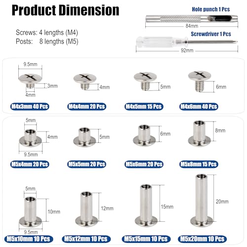 115 Sets Chicago Screws Kit for Leather Crafts, 304 Stainless Steel Binding Screws Rivet, 8 Sizes (M5x4/5/6/8/10/12/15/20mm) Binding Post with Tools (Silver) - color: Silver
