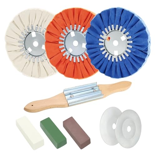 9 Pcs 8" Airway Buffing Wheel Kit for Angle Grinder, 3 Wheels, 3 Polishing Compounds, Buffing Rake & 1 Pair Safety Flanges, 5/8" Arbor, for Aluminum Wheels, Tanks & Metal Mirror Polishing - color: Multi 9pcs, size: 12plys