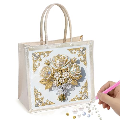 Xylzzuit DIY Pearl Painting Canvas Tote Bag Kit 11.42IN Diamond Art Handbag for Women Shopping Grocery Bag Dots Beads Art Craft Gift (Flower01) - color: Flower01