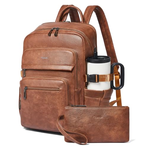 Leather Laptop Backpack for Women Fits 17" Laptop, with RFID Wristlet Purse - color: Brown