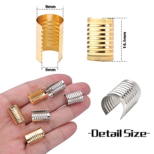 100pcs Leather Rope Clips Foldable Metal Round Fastener Crimping Cord String Leather Cord Clamp for DIY Handmade Necklace Crafts Jewelry Making Findings, Light Golden and Silver, 14.1 mm x 9 mm