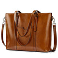 S-ZONE Women Genuine Leather Laptop Tote Bag Shoulder Handbags 15.6 Inch Purse | Soft Genuine Leather, Large Capacity, Fits 15.6-Inch Laptop, Business or Travel, Bottom Metal Feet - color: Light Brown