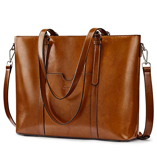 S-ZONE Women Genuine Leather Laptop Tote Bag Shoulder Handbags 15.6 Inch Purse | Soft Genuine Leather, Large Capacity, Fits 15.6-Inch Laptop, Business or Travel, Bottom Metal Feet - color: Light Brown