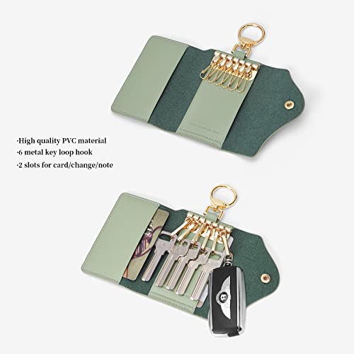 GOLF SUPAGS Women PVC Leather Car Key Chain Card Holder Wallet Pouch 6 Hook Snap Closure keys Money Organizer Case | Card Holder - color: Green×White, style-2