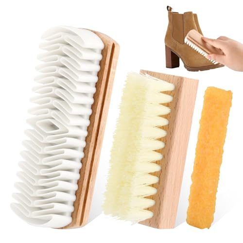 3Pcs Suede Shoe Brush and Eraser Set, Multi-Purpose Rubber Cleaning Brush for Shoes, Wood Handle Soft Brus-h and Stain Eraser for Leather(Color:Wood,Yellow)