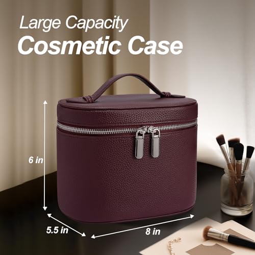 Cosmetic Case, Leather Makeup Bag, Portable Handheld Makeup Case, Detachable Compartments - color: burgundy, size: M(8*5.5*6in)