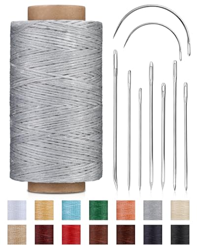 218 Yards Waxed Thread Waxed Leather Thread with Heavy Duty Sewing Needles | Light Gray Sewing Thread for Hand Stitching Leathercraft Repair Furniture Shoes Bags Sofa - color: Light Gray
