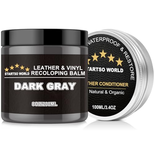 STARTSO WORLD 200Ml Leather Recoloring Balm with 100ML Leather Conditioner,Dark Gray Leather Repair Kit for Furniture, Leather Dye, Leather Scratch Repair, Leather Couch Paint - color: Dark Gray, size: Leather Recoloring Balm+Mink Oil