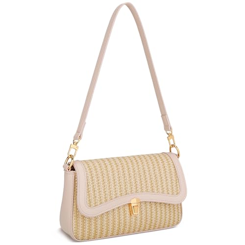 KKXIU Small Shoulder Bag for Women Cute Hobo Handbags Mini Clutch Purses | Classic Trendy Retro Underarm Crossbody Bag with Detachable Straps, Zipper Closure - color: Straw Weave-beige