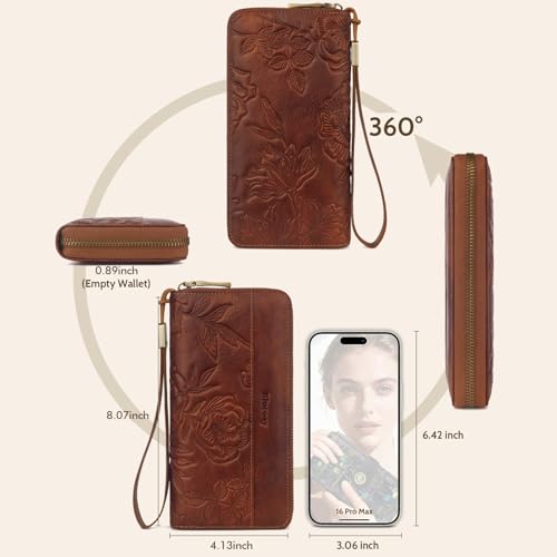 Real Leather Womens Wallet,RFID Blocking Long Wallet For Women Large Capacity Embossed Flowers Wallet Wristlet With Card Holder Zip Coin Pocket(embossed brown) - color: a6-embossed brown