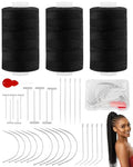 FIVEIZERO 450yd Black Sew in Hair Extension Thread and 30pcs T/C/J/I Needle | 3 Rolls Hair Thread;4-ply polyester weaving thread;Hair Weave Threads for Hair Extensions,Hand Sewing & Making Wigs DIY - color: 450yd-black