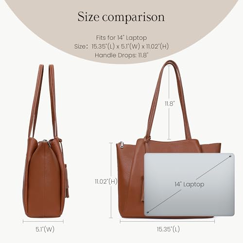 befen Genuine Leather Tote Bag for Women Work Leather Totes Purse Handbag | Real Leather, 14" Laptop Sleeve, Tassels, Multi-Pockets, Zipper - color: Cognac Brown