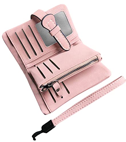 AOXONEL Women's Small Bifold Leather wallet Rfid blocking Ladies Wristlet with Card holder id window Coin Purse - color: Pink3