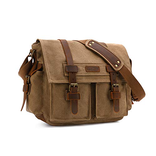 Kattee Vintage Leather Canvas DSLR SLR Camera Bags for Men | Leather & canvas, vintage. Adjustable padded dividers fit DSLR/lenses. Card pockets. Ideal for travel, office & daily - color: Khaki