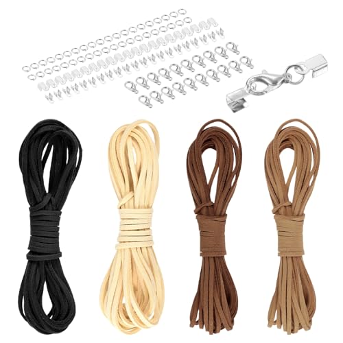 MECCANIXITY 4 Pcs Suede Cord, 5.5 Yards Flat Faux Leather Cord Soft Durable Leather String with Silver Closed-Mouth Ring Rope Clip Lobster Clasps for Art Craft, Cream Yellow/Khaki/Coffee/Black - color: Cream Yellow/Khaki/Coffee/Black