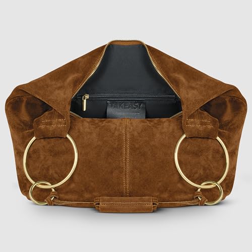 Italian Genuine Suede Hobo Bag for Women with Zippered Closure and Ring Handle Hardware | Large Shoulder Handbag (Mocha) - color: Mocha